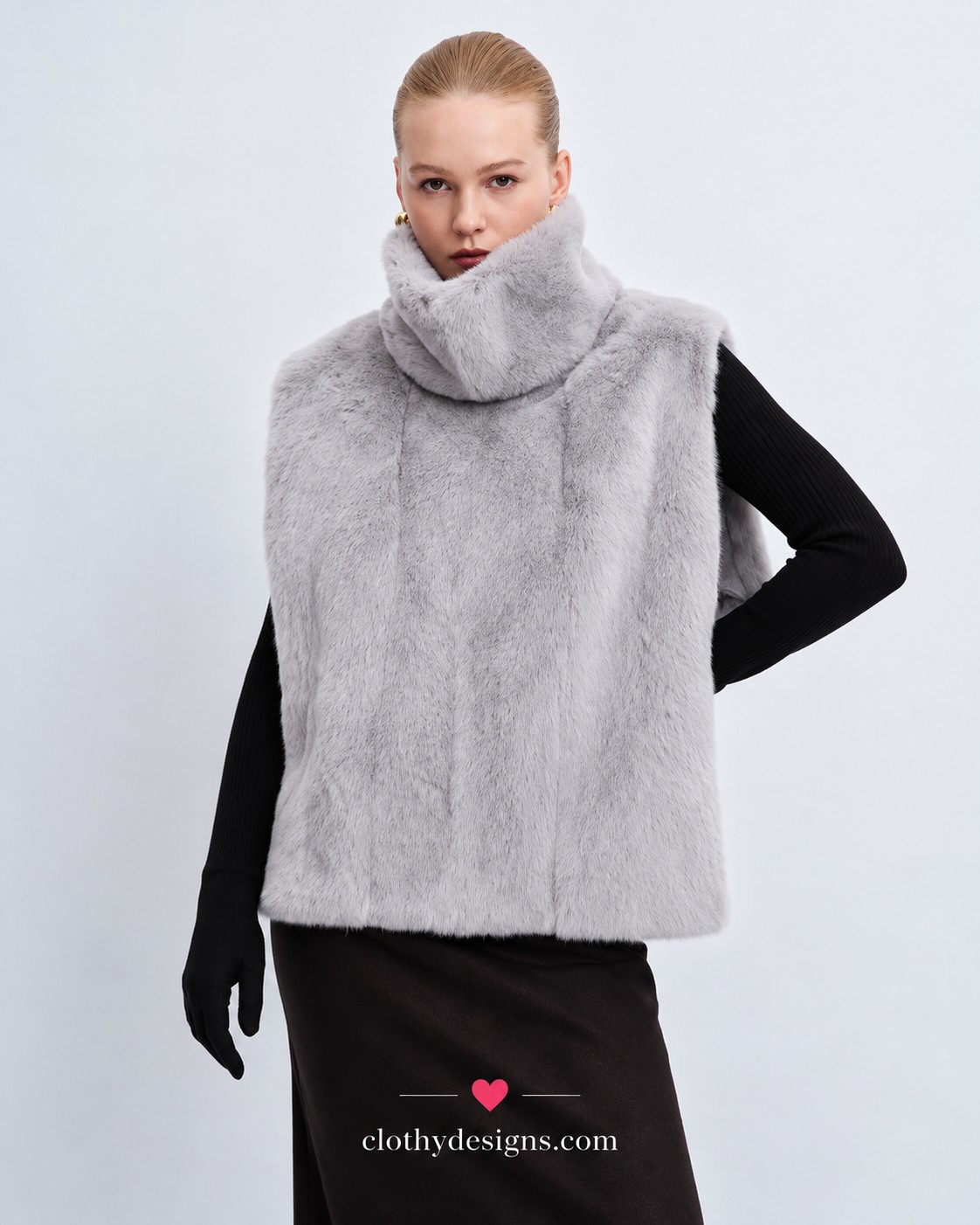 Women’s Faux Mink Asymmetrical Turtleneck Vest – Chic Winter Sleeveless Top